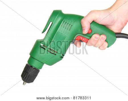 Electric Drill In A Hand Isolated On White.