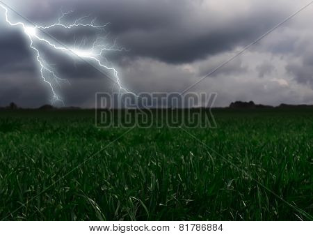 Lightning Across The Countryside Field.