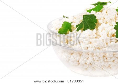 Fresh Cottage Cheese (curd) In Glass Bow, Isolated On White Background .