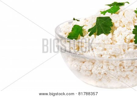 Fresh Cottage Cheese (curd) In Glass Bow, Isolated On White Background .