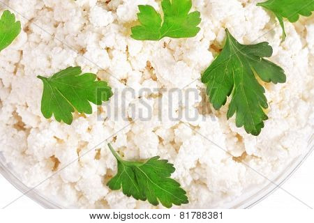 Fresh Cottage Cheese (curd) In Glass Bow, Isolated On White Background .
