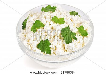 Fresh Cottage Cheese (curd) In Glass Bow, Isolated On White Background .