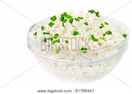 Fresh Cottage Cheese (curd) In Glass Bow, Isolated On White Background .