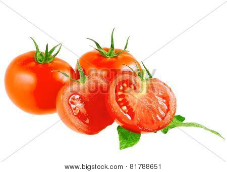 Lush Tomatos With Green Leafs. Isolated