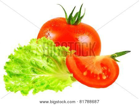 Lush Tomatos With Green Leafs. Isolated