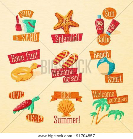Set of cute bright summer icons with typographic elements.  Vector.