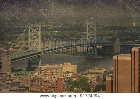 Vintage view of the Ben Franklin Bridge in Philadelphia.