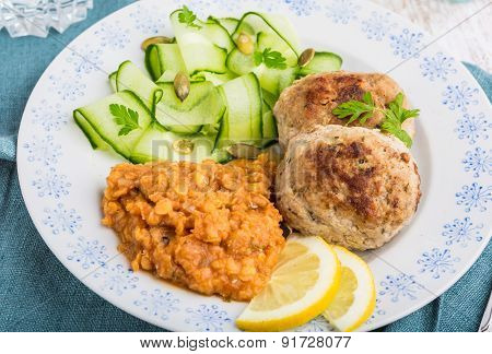 Delicious Fried Beef Meatball, Lentils And Salad With Fresh Cucumber