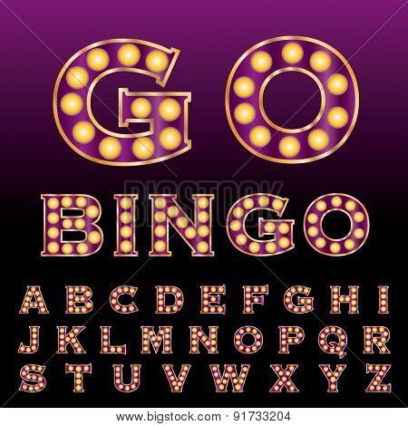 vector purple golden entertainment and casino letters with bulb lamps