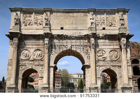 Arco De Constantino And Colosseum In Rome, Italy