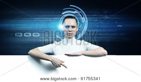 Young woman in white and virtual blue interfase