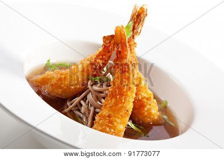 Japanese Cuisine - Soup with Deep Fried Shrimps and Noodles