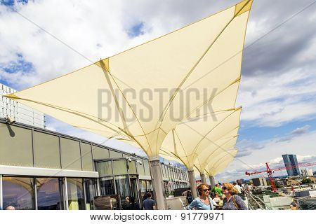People Enjoy The View From The Panorama Platform To Frankfurt