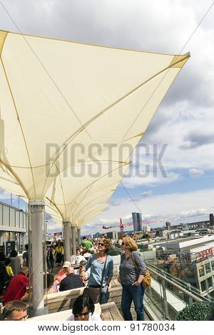 People Enjoy The View From The Panorama Platform To Frankfurt