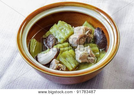 Bitter Melon with pork rib and mushroom in clear soup