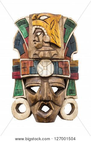 Wooden mayan mask isolated on white background.