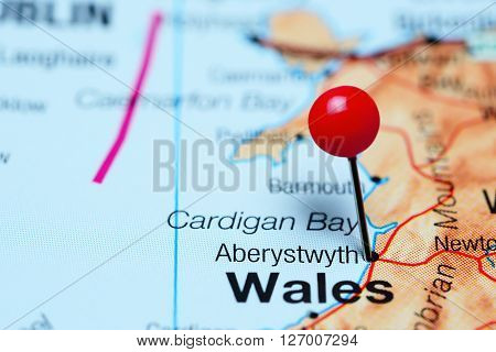 Aberystwyth pinned on a map of Wales