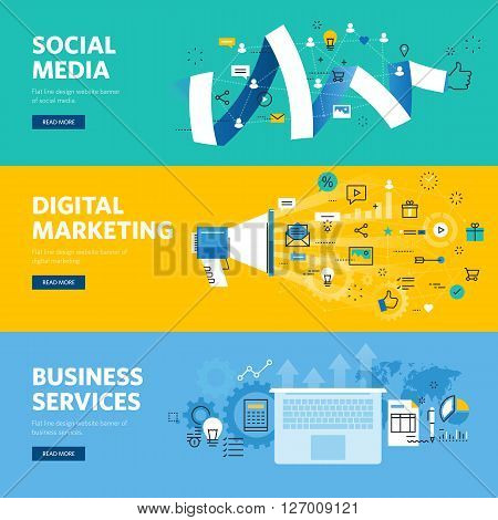 Set of flat line design web banners for social media, internet marketing, networking and business services. Vector illustration concepts for web design, marketing, and graphic design.