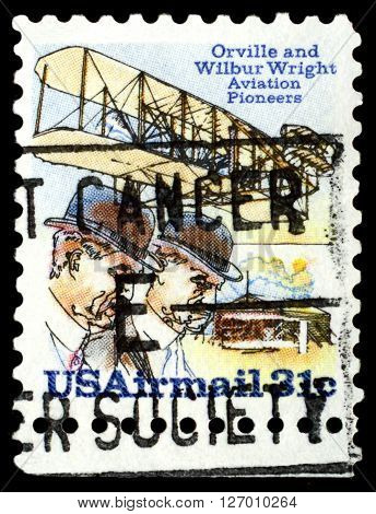 STAVROPOL RUSSIA - APRIL 05 2016: a stamp printed in USA shows Orville and Wildur Wright Aviation Pioneers payment airmail circa 1976