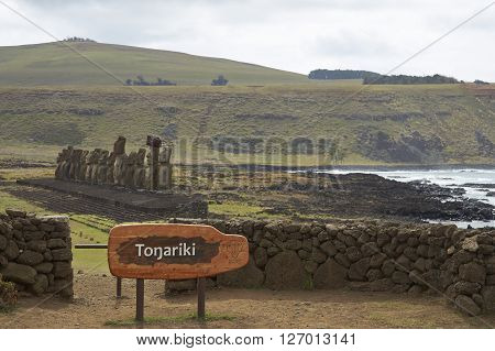 Ahu Tongariki. Ancient Moai statues on the coast of Rapa Nui (Easter Island)