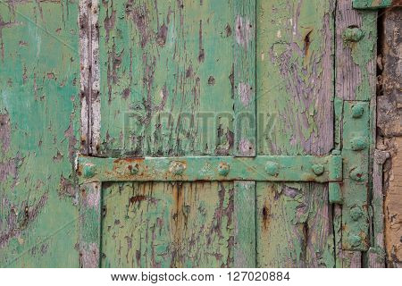 Green weathered and ruined wood door with hinge