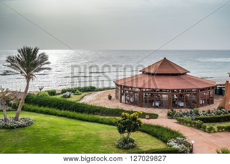 MARSA ALAM, EGYPT, MARCH 27, 2016: Panorama restaurant in Three Corners Equinox Beach Hotel at Red Sea shore