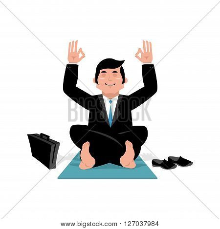 Businessman doing yoga. Man in suit sitting in lotus position. Meditation in office during working hours. Manager relaxing after work