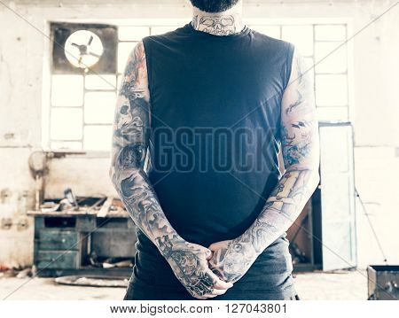 Man with the tattooed hands, selective focus