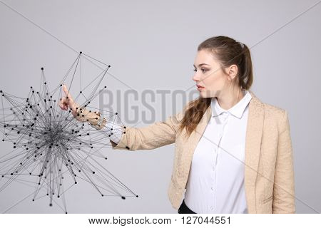 Global network connection concept, woman working with futuristic computer interface.