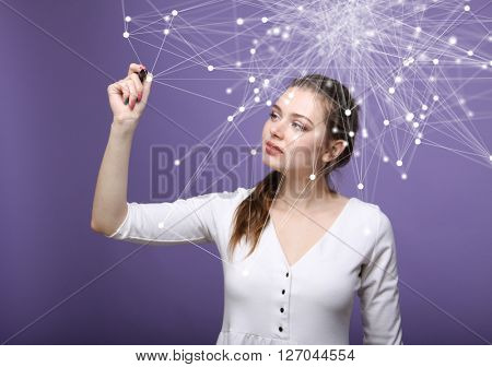 Global network connection concept, woman working with futuristic computer interface.