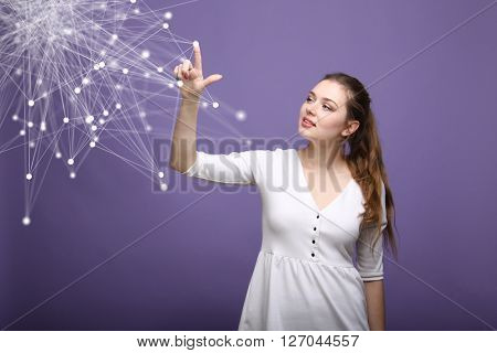 Global network concept, woman working with futuristic computer interface.