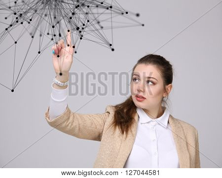 Global network connection concept, woman working with futuristic computer interface.