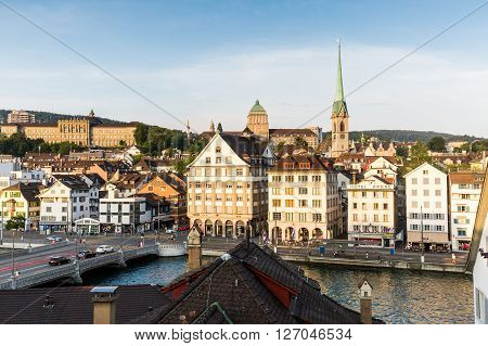 Famous Postcard View Of Various Houses And Churches In The Old Town Part Of Zurich