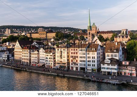 Famous Postcard View Of Various Houses And Churches In The Old Town Part Of Zurich