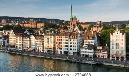 Famous Postcard View Of Various Houses And Churches In The Old Town Part Of Zurich