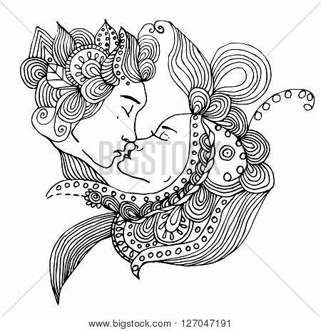 vector kissing couple in doodle style on white background. Can be used as card, invitation, background element, adult coloring book. Hand drawn style. Wedding invitation. Zentagle. Family.