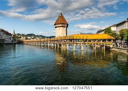 Lucerne, Switzerland - August 2: Views Of The Famous Bridge Kapellbruecke On Late Afternoon In Lucer