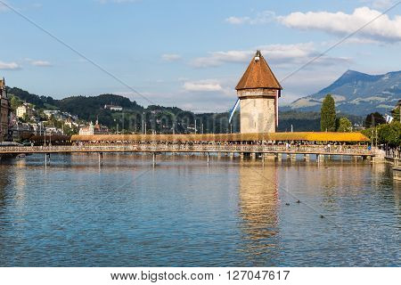 Lucerne, Switzerland - August 2: Views Of The Famous Bridge Kapellbruecke On Late Afternoon In Lucer
