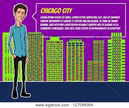 Presentation on background of city. Businees man in the suit. Character with bubble talk. Conference in Chicago