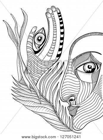 Abstract surreal face and hand with mehndi tattoo. Hand drawing vector template can use for posters cards stickers illustrations t-shirt art as decorative element.