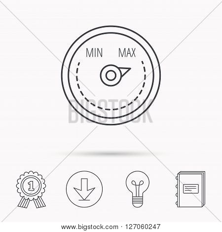 Heat regulator icon. Radiator thermometer sign. Download arrow, lamp, learn book and award medal icons.