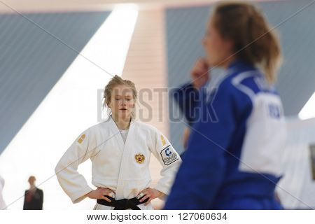 ST. PETERSBURG, RUSSIA - APRIL 16, 2016: Daria Pichkaleva of Russia (white) in the match against Kim Akker of Netherlands during the Junior European Judo Cup. Daria took 2nd place in category -48 kg