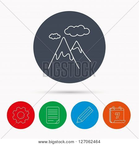 Mountain icon. Hills and clouds sign. Climbing travel symbol. Calendar, cogwheel, document file and pencil icons.