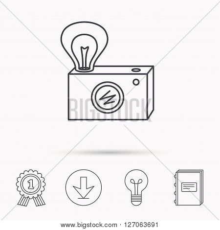 Retro photo camera icon. Photographer equipment sign. Camera with lamp flash. Download arrow, lamp, learn book and award medal icons.