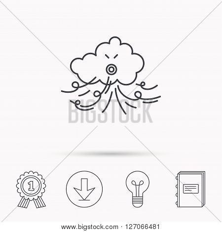 Wind icon. Cloud with storm sign. Strong wind or tempest symbol. Download arrow, lamp, learn book and award medal icons.