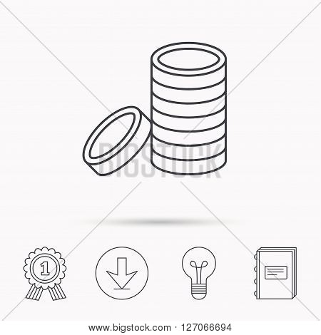 Coins icon. Cash money sign. Bank finance symbol. Download arrow, lamp, learn book and award medal icons.