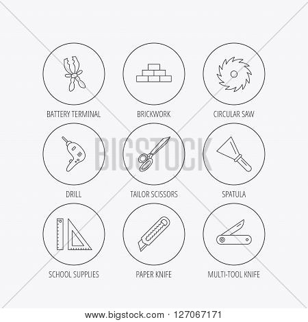 Paper knife, spatula and scissors icons. Circular saw, brickwork and drill tool linear signs. Multi-tool knife, rulers icons. Linear colored in circle edge icons.