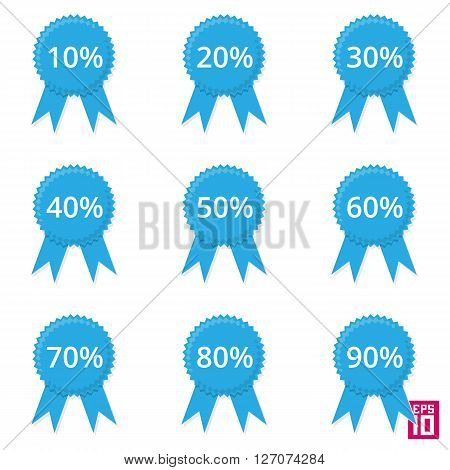 Vector blue label discount sale set isolated on white background with 10 to 90 percent.