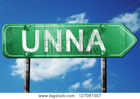 Unna road sign, on a blue sky background