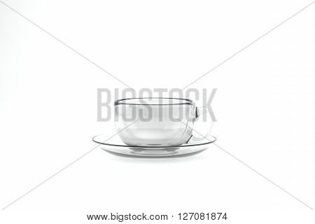 3d render of transparent coffee cup with saucer on white background